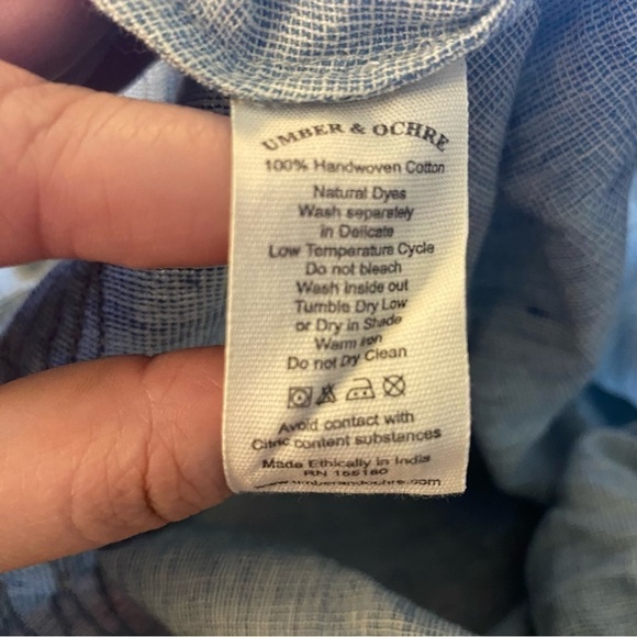 Umber & Ochre Boho Handwoven Gauge Peasant Top Blue White Small - Picture 3 of 4